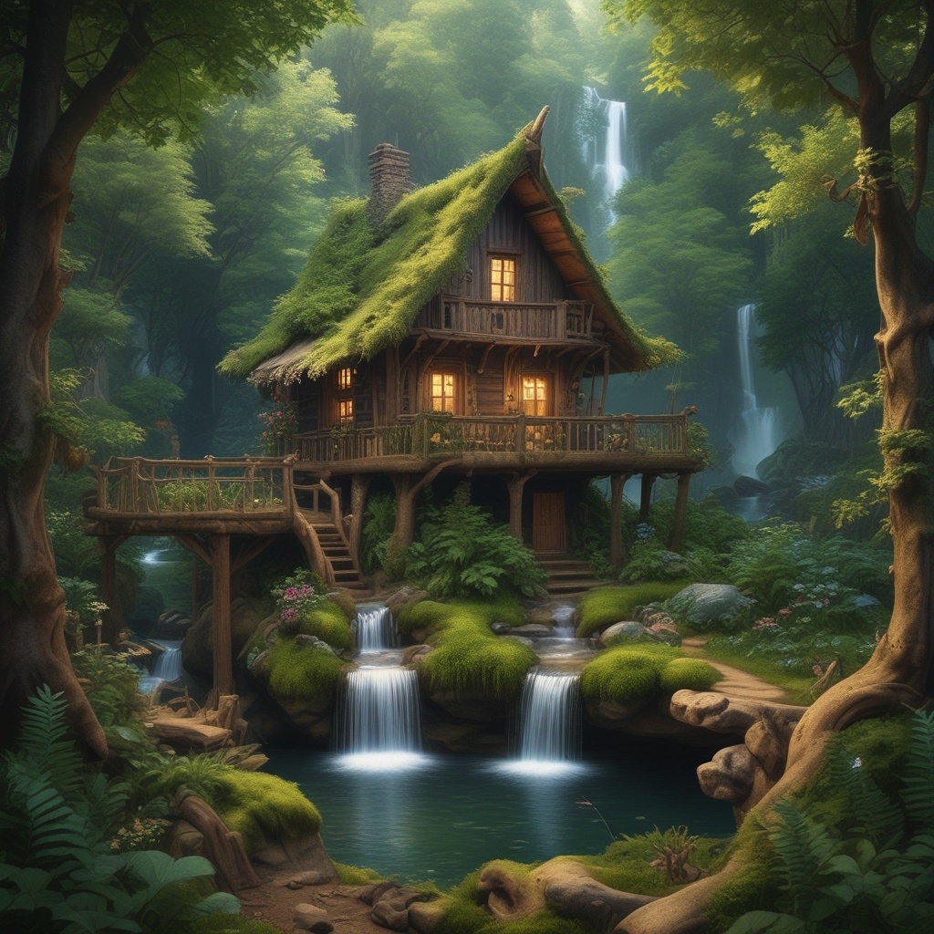 Enchanted forest scenery with waterfalls and an ancient wooden house
